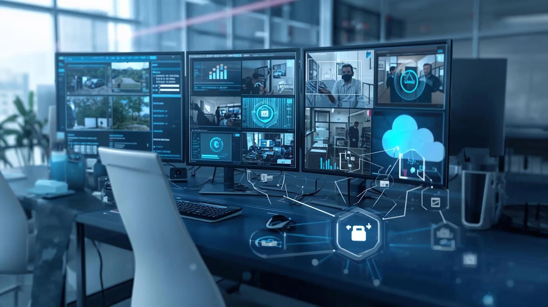 Golden State Security Integrations monitoring center with live commercial camera feeds and integrated cloud analytics