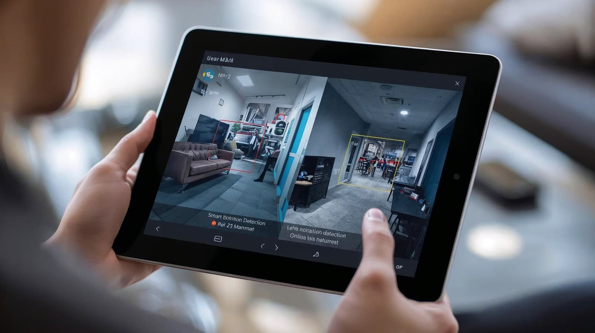 Live commercial camera feeds with smart motion detection viewed remotely on a tablet