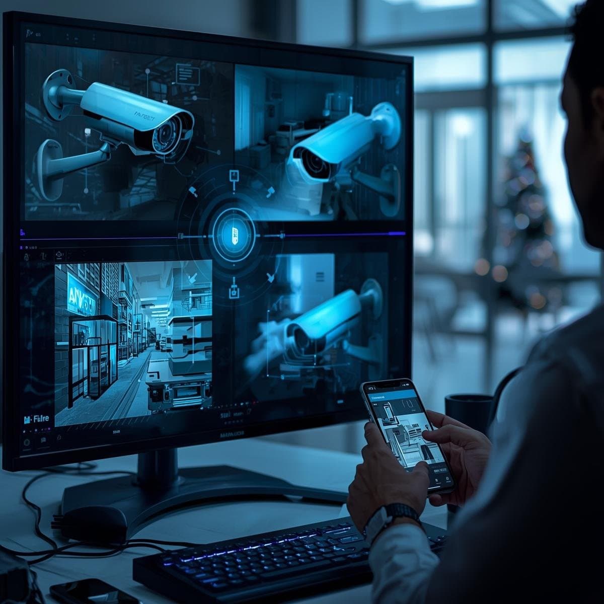 Operator monitoring multiple high-resolution commercial camera feeds with a mobile companion app
